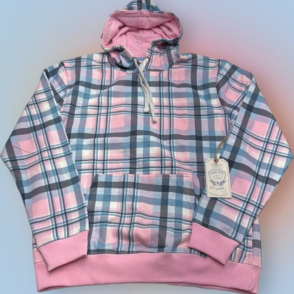 BLACK JACK Women’s Medium Pink Blue Plaid Hoodie Sweatshirt
